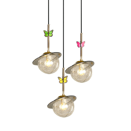 Opal Glass Hanging Light With Dragonfly Deco - 3-Bulb Pendant Lighting In White/Clear/Smoky