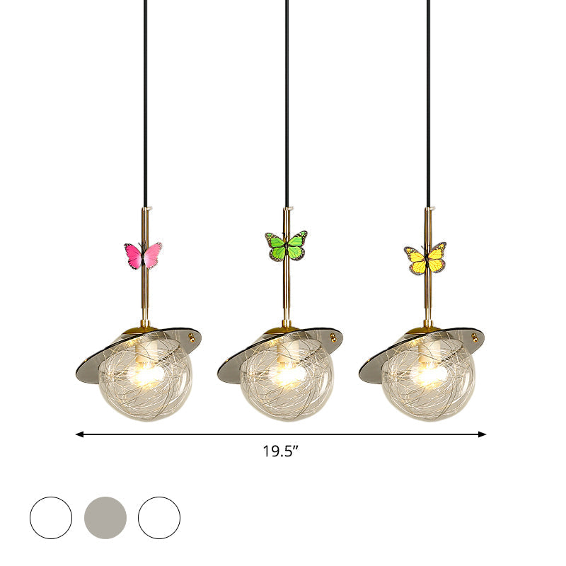 Opal Glass Hanging Light With Dragonfly Deco - 3-Bulb Pendant Lighting In White/Clear/Smoky