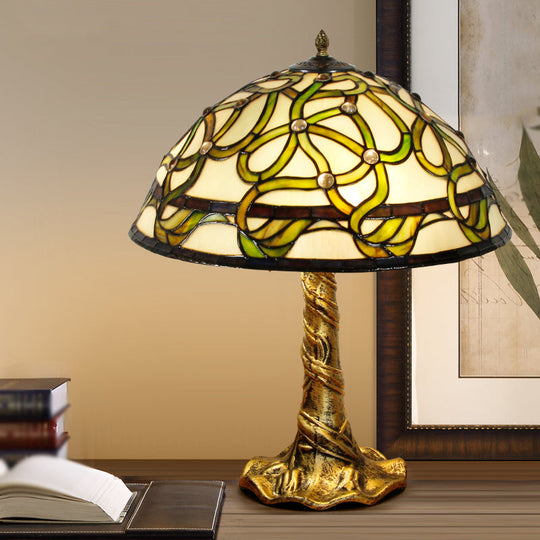 Baroque Stained Glass Table Lamp: Hand-Cut Bowl Design With Pull Chains Brass Finish