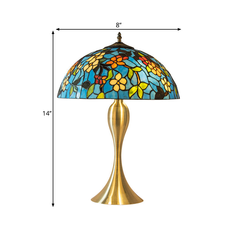Mediterranean Dome Stained Glass Nightstand Lamp - Blue 1-Light Task Lighting With Flower Pattern