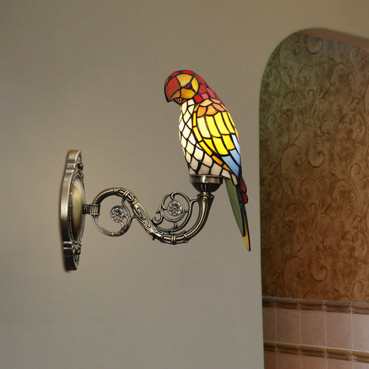 Handcrafted Stained Glass Parrot Wall Mount Lamp - Classic 1 Light Feature With White/Red/Yellow