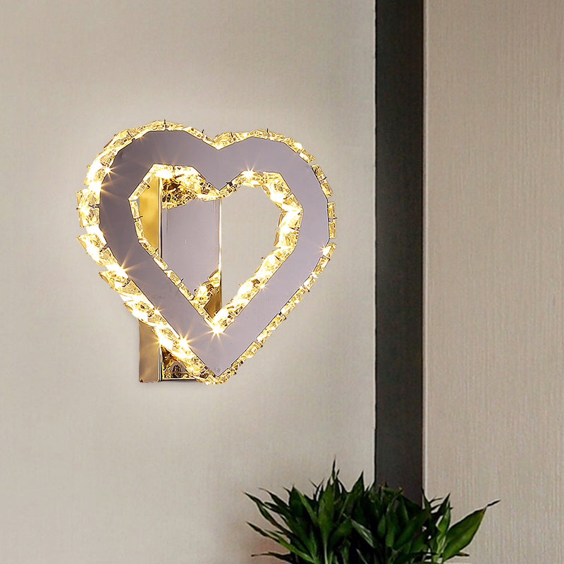 Stainless-Steel Led Bedside Wall Sconce With Faceted Crystal Heart Design