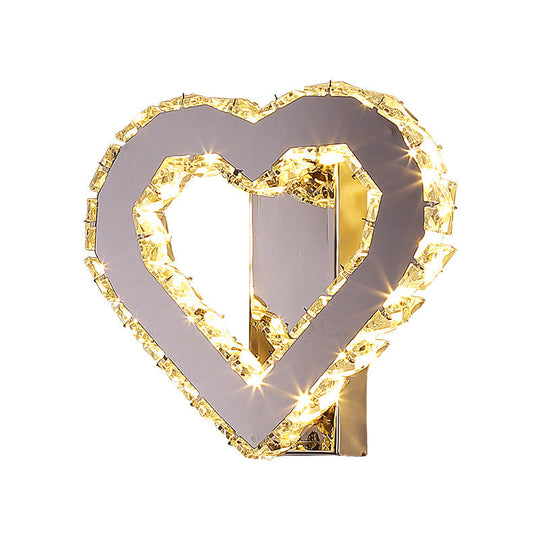 Stainless-Steel Led Bedside Wall Sconce With Faceted Crystal Heart Design