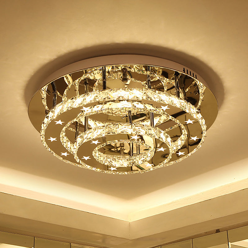 Minimalism Led Chrome Tiered Circle Ceiling Flush Mount With Crystal Shade In Warm/White Light