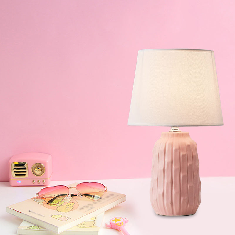 Modernist Conical Table Lamp With Ceramic Base In White/Pink/Blue Shades Pink