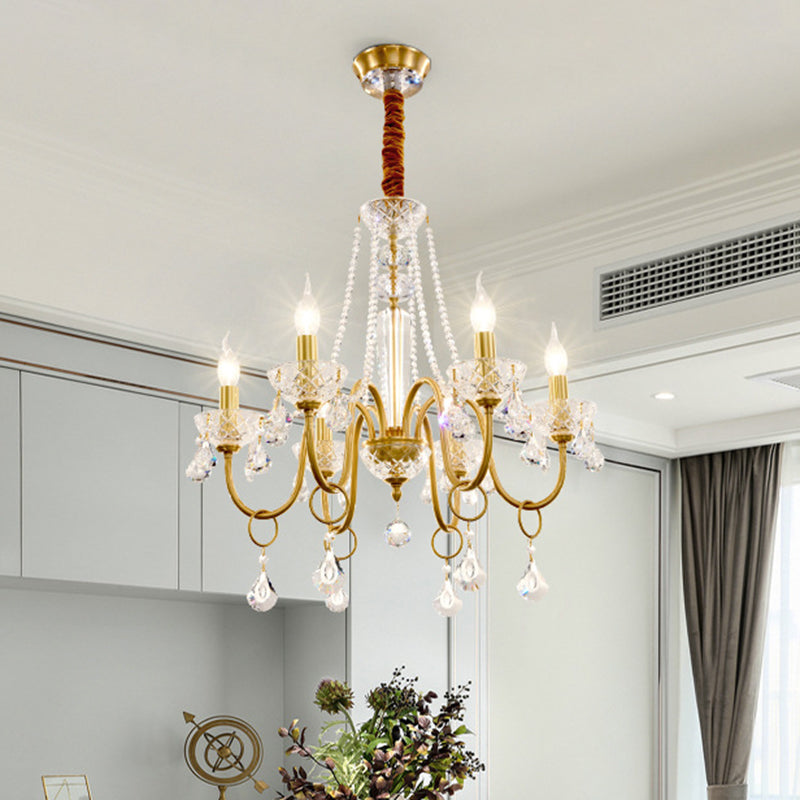 Gold Swirled Arm Pendant Chandelier With Crystal Droplets - 6-Bulb Metal Hanging Light Fixture