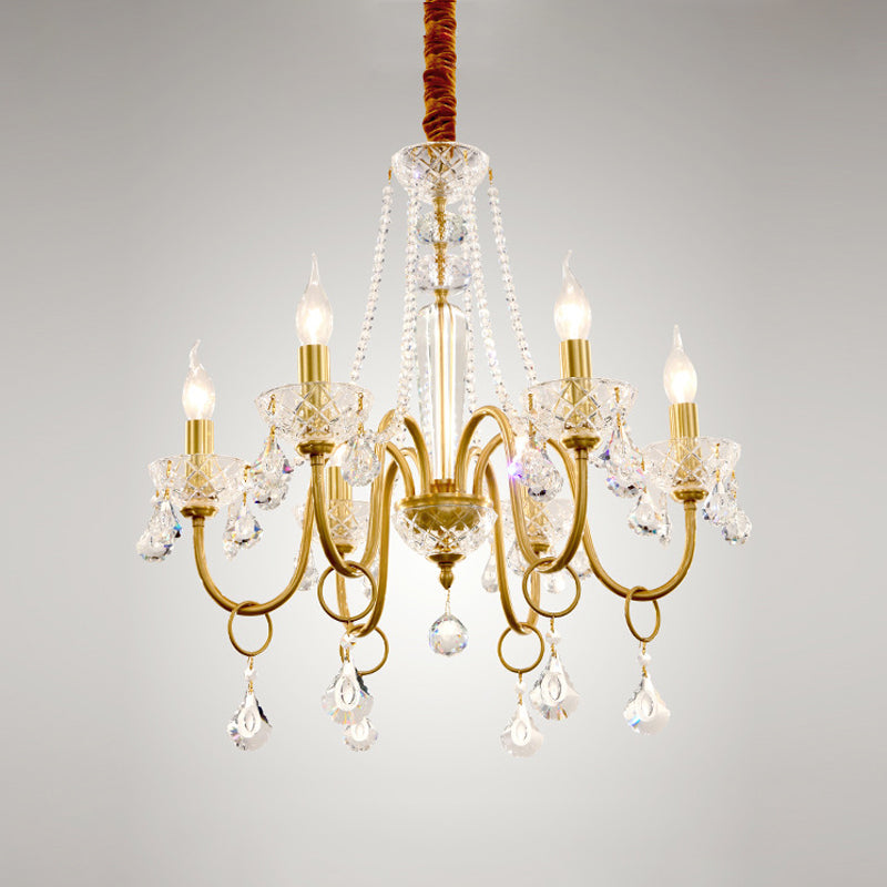 Gold Swirled Arm Pendant Chandelier With Crystal Droplets - 6-Bulb Metal Hanging Light Fixture