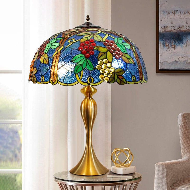 Brass Table Lamp: Dome Nightstand Lighting With Hand Cut Glass And Grapes Pattern
