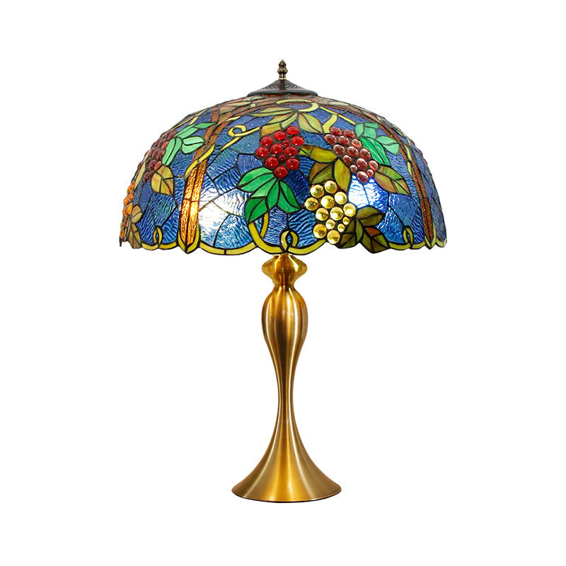 Brass Table Lamp: Dome Nightstand Lighting With Hand Cut Glass And Grapes Pattern