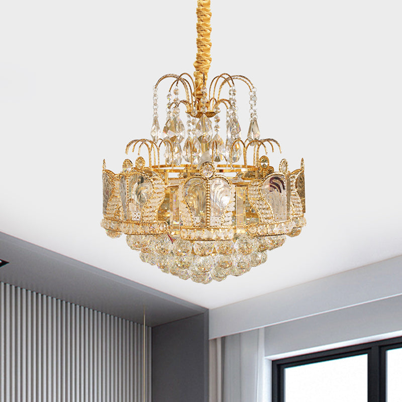 Gold Suspension Pendant Light With Cascading Crystal Ball Shade - 6 Heads Simple Design For Living