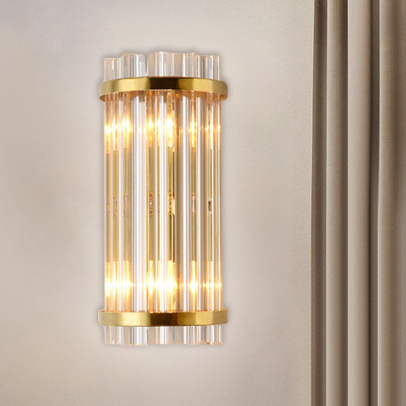 Modernist Gold Cylinder Wall Lamp With Crystal Rod Shade - 2 Lights Mount Lighting