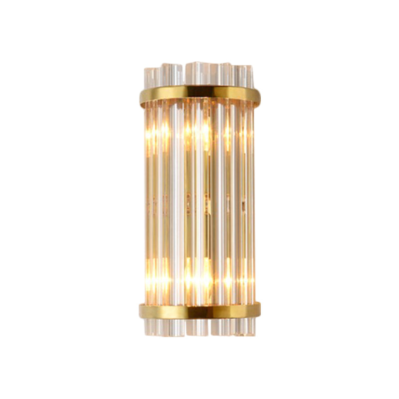 Modernist Gold Cylinder Wall Lamp With Crystal Rod Shade - 2 Lights Mount Lighting