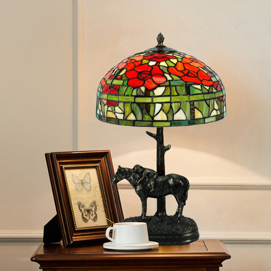 Antique Resin Horse Nightstand Lamp - Bronze With Glass Shade