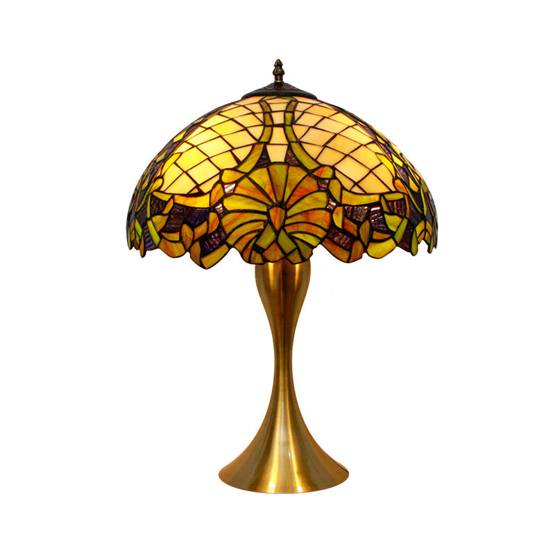 Brass Table Lamp With Hand-Cut Glass Shade - Baroque Style 1-Light Nightstand Illuminator Pull-Chain