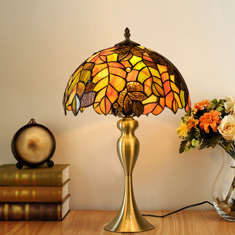 Classic Brass Bowl Night Table Lamp: Hand-Crafted Glass Desk Light With Leaf Pattern