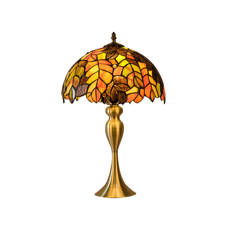 Classic Brass Bowl Night Table Lamp: Hand-Crafted Glass Desk Light With Leaf Pattern