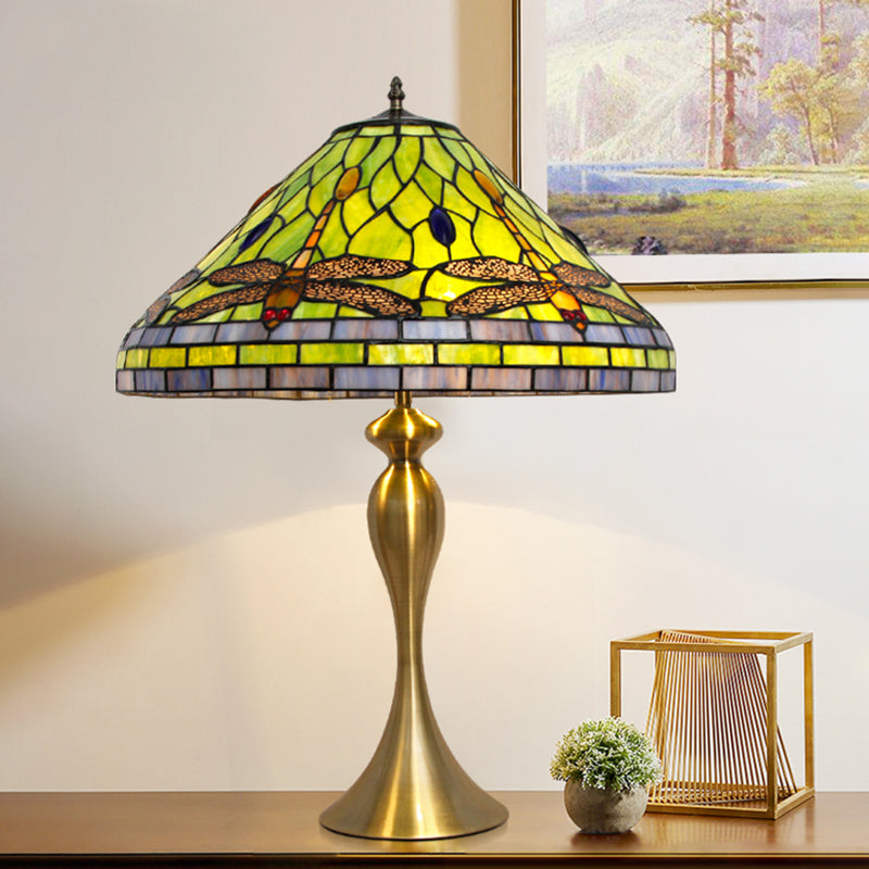 Handcrafted Art Glass Table Lamp With Dragonfly Pattern In Brass Finish