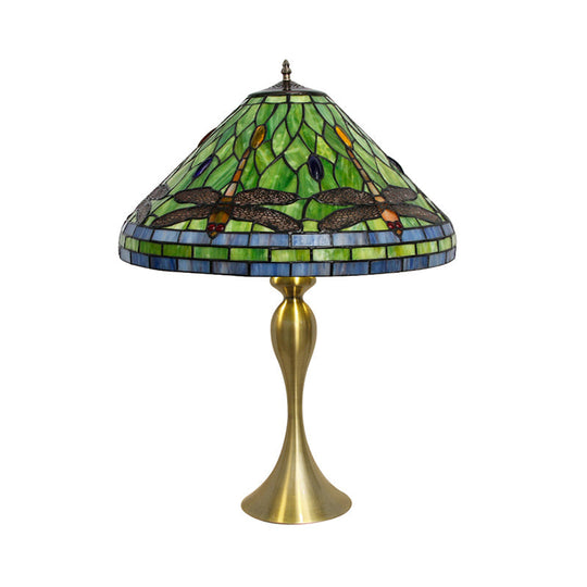 Handcrafted Art Glass Table Lamp With Dragonfly Pattern In Brass Finish