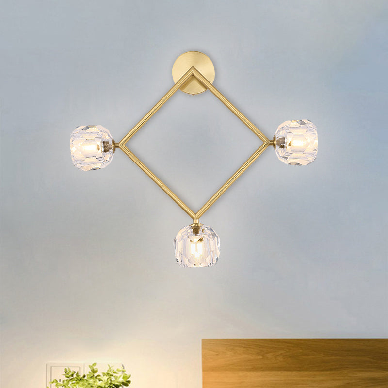 Contemporary 3-Head Brass Wall Sconce With Modo Crystal Shade - Ring/Square Light Fixture
