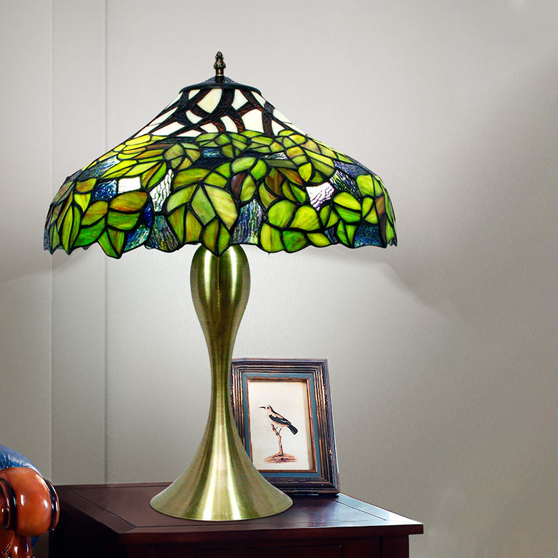 Handcrafted Antique Green Glass Barn Night Light Desk Lamp With Tree Pattern