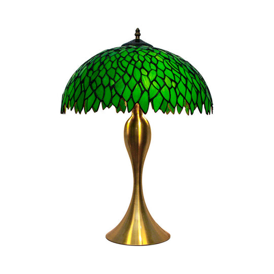 Tiffany Green Handcrafted Stained Glass Nightstand Lamp - Leaf Dome Design With 1 Light