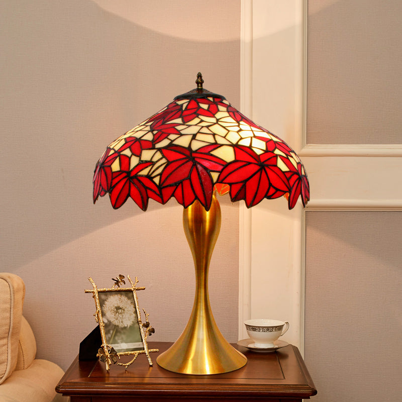 Handcrafted Stained Glass Night Light Desk Lamp In Red With Pull Chains