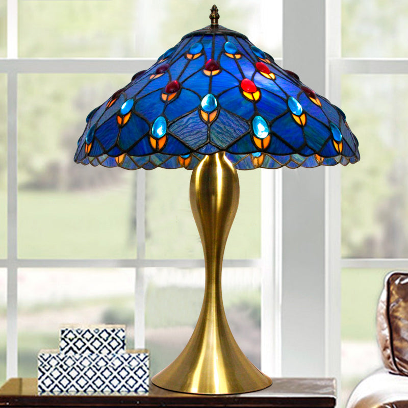 Mediterranean Blue Cone Nightstand Lamp With 1 Bulb: Hand-Cut Glass And Jewel Deco For Elegant Task