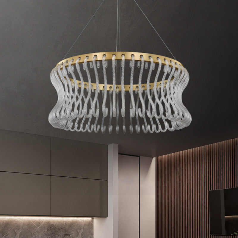 Modern Led Hanging Chandelier - Gold Finish Round Ceiling Light With Crystal Rod Shade
