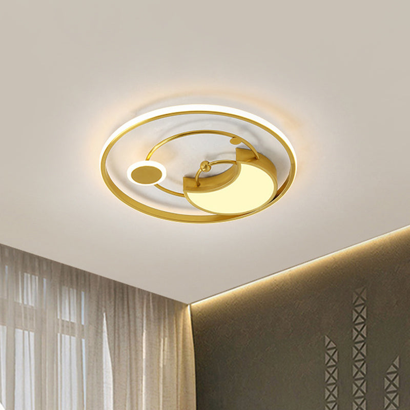 Modernist Led Gold Semi-Flush Ceiling Light - Metal Crescent Flush Mount In Warm/White