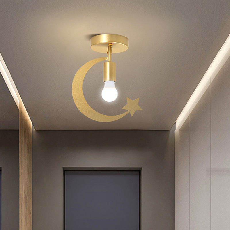 Grey/Gold Crescent & Star Kids Flush Mount Lighting - 1-Light Iron Ceiling Light For Corridor