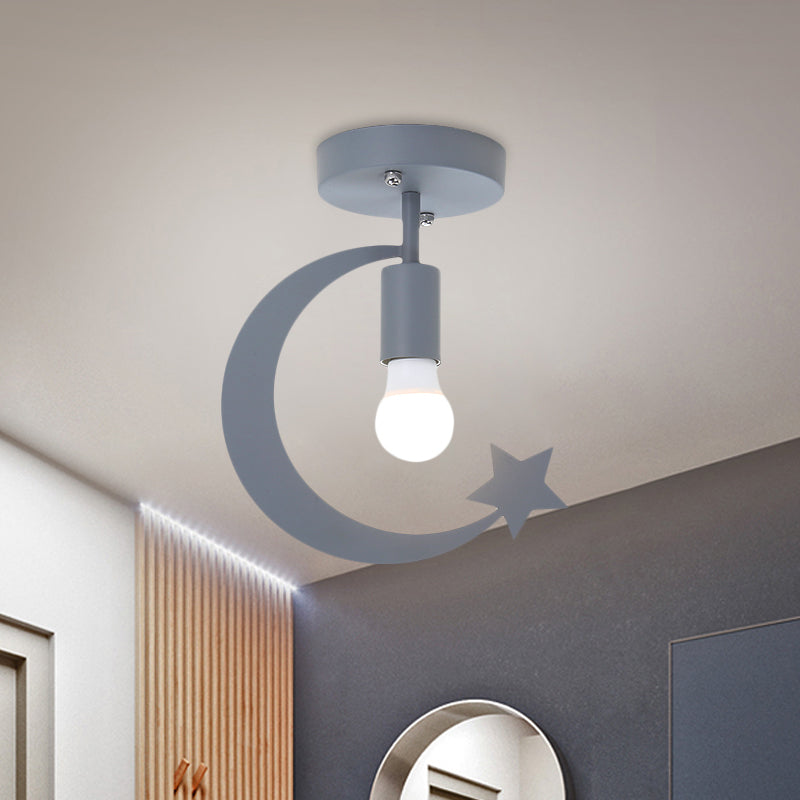 Grey/Gold Crescent & Star Kids Flush Mount Lighting - 1-Light Iron Ceiling Light For Corridor Grey