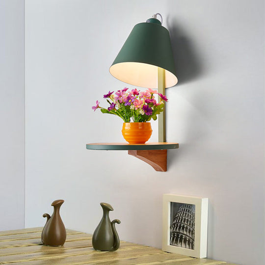 Nordic Style 1-Light Metal Wall Sconce With Wooden Supporter - White/Gray Tapered Shade Green
