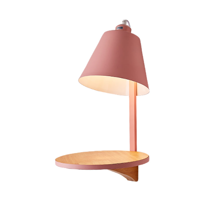 Nordic Style 1-Light Metal Wall Sconce With Wooden Supporter - White/Gray Tapered Shade Pink