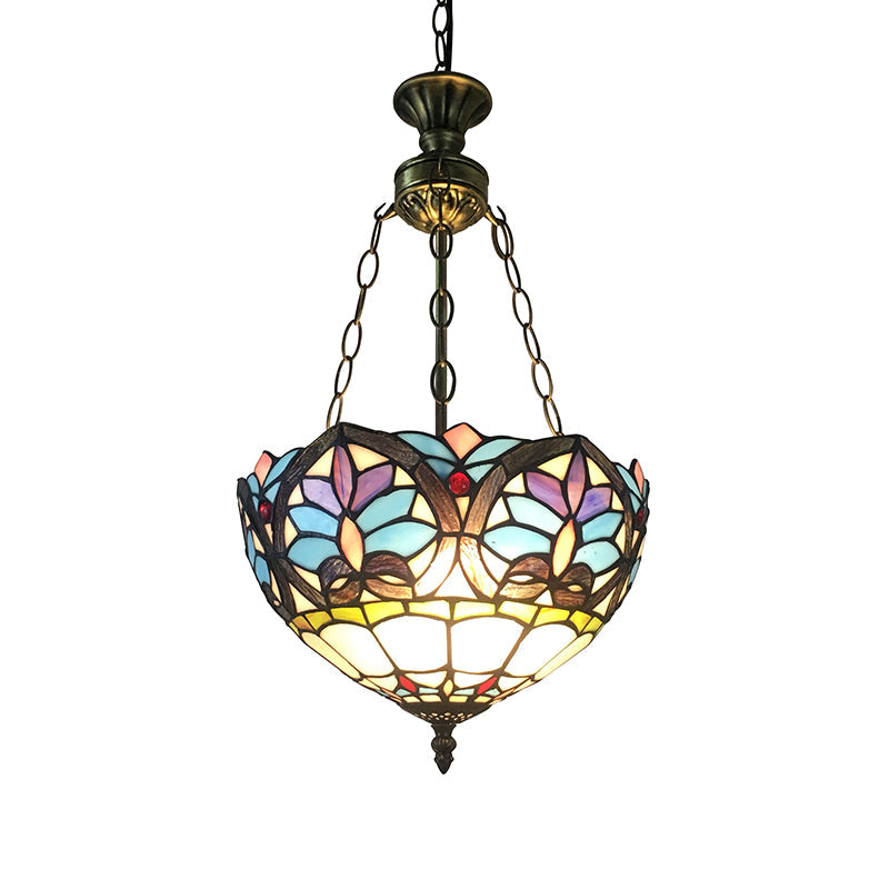 Small LED Pendant Lights, Antique Brass Ceiling Fixture with Adjustable 2 Lights and Stained Glass Shade in Baroque Style