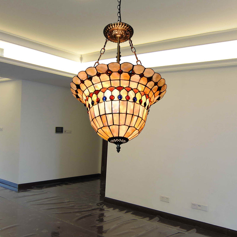 Tiffany Style Stained Glass Led Ceiling Light With Jeweled Semi Flush Mount For Bedrooms Beige