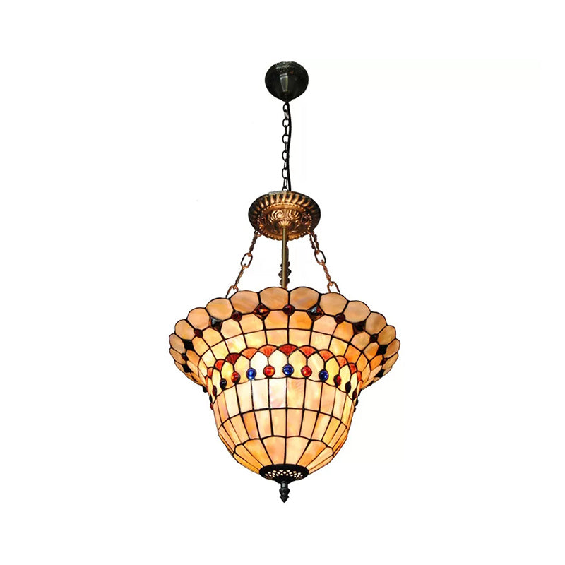 Tiffany Goblet Chandelier Pendant Light - 3-Light With Checkered Beige Glass Pattern