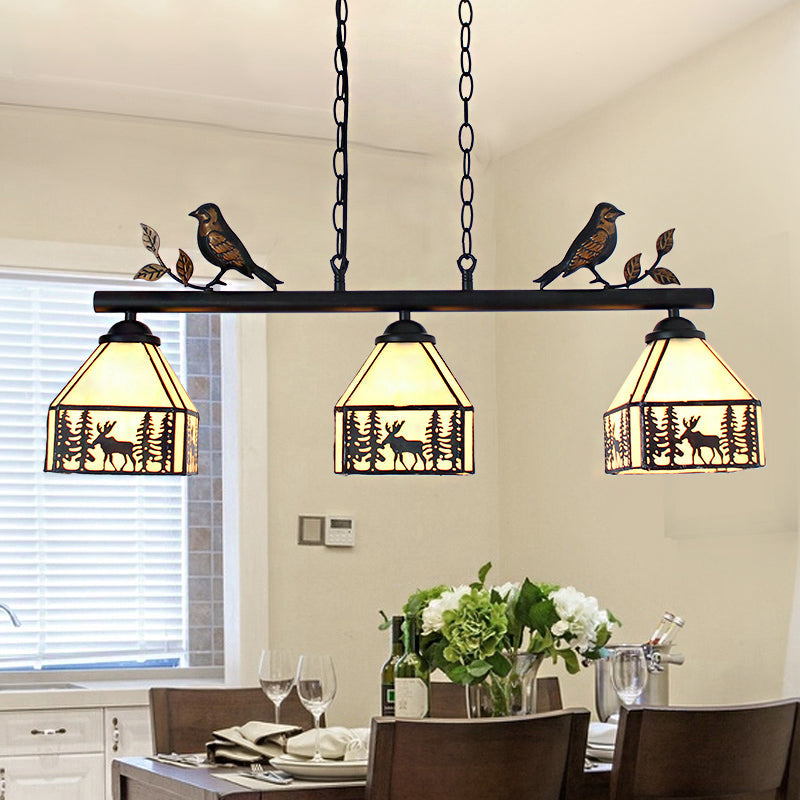 Rustic Lodge Deer Island Pendant Light With Bird Decoration - 3 Stained Glass Lights Beige