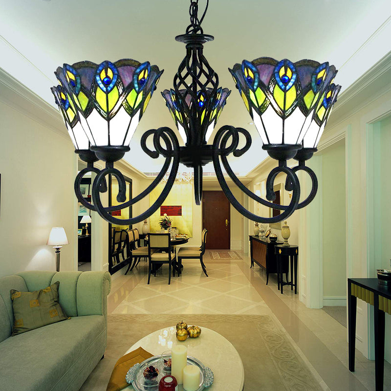 5-Light Peacock Tiffany Chandelier: Stained Glass Pendant Light for Dining Table with Adjustable Chain