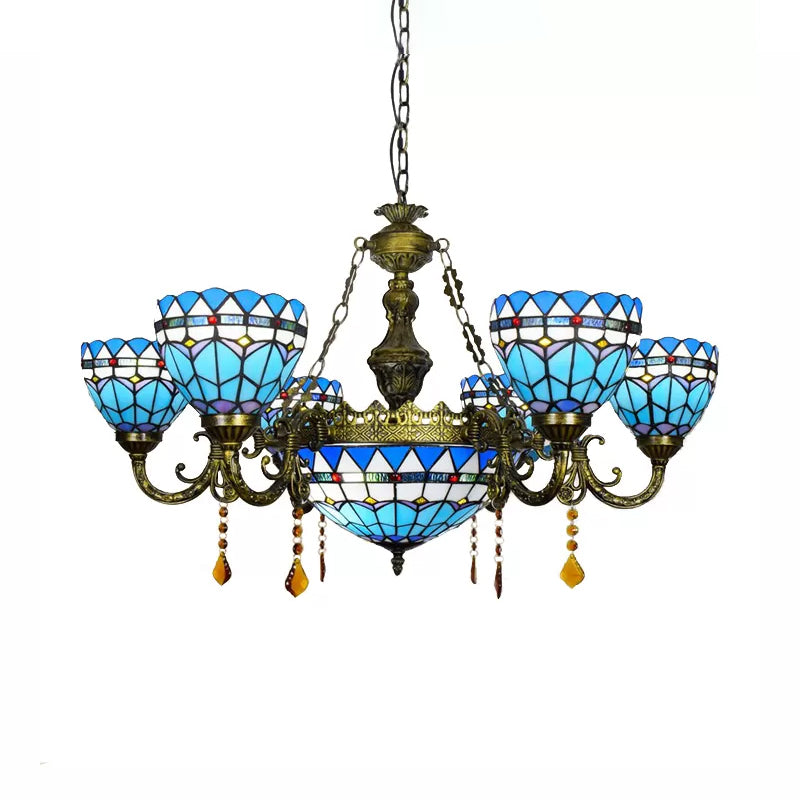 Blue Tiffany Chandelier with Amber Crystal and Jewel Detail for Dining Room Ceiling
