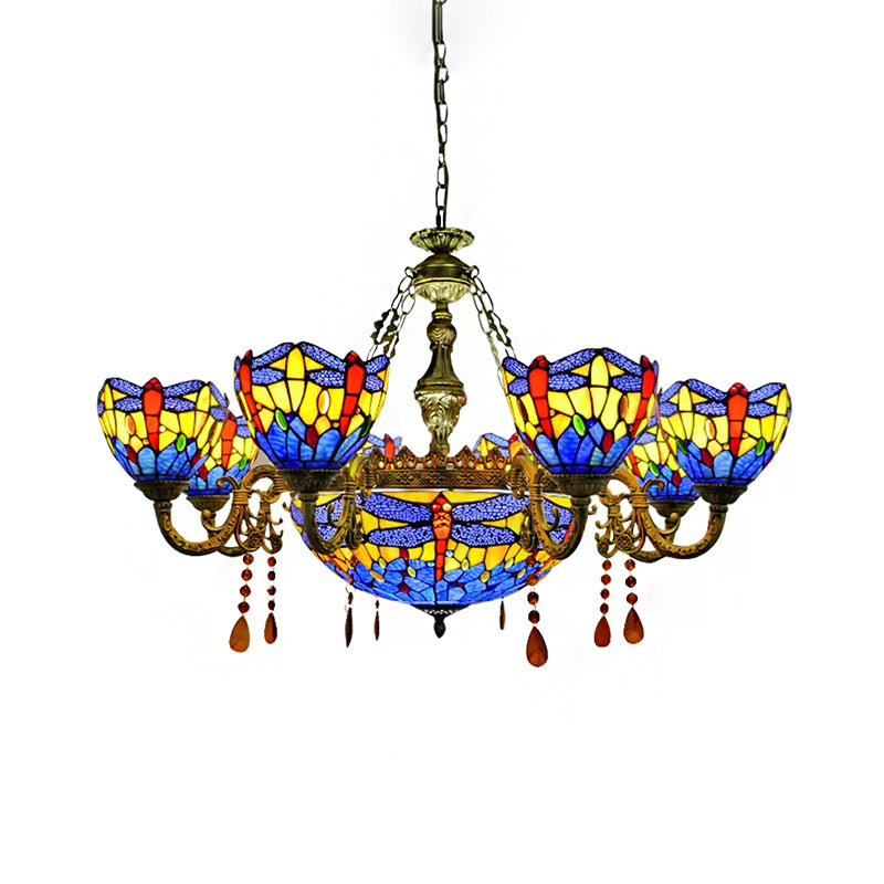 Dragonfly Stained Glass Chandelier with Amber Crystal Decor for Living Room