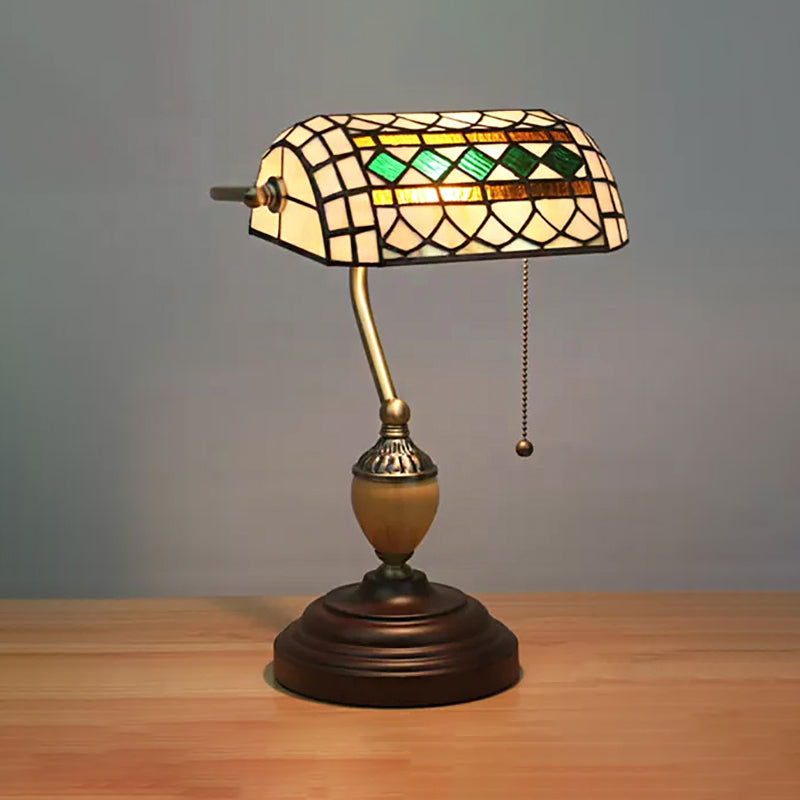 Tiffany Style Bankers Table Lamp - 1 Light Stainless Glass Brown Finish Pull Chain / Geometric