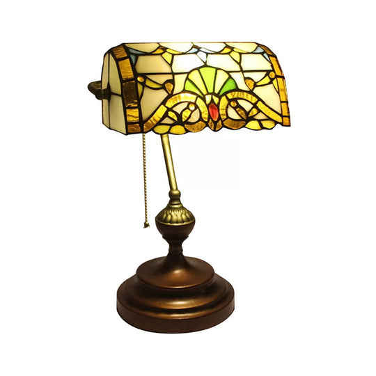 Tiffany Style Bankers Table Lamp - 1 Light Stainless Glass Brown Finish Pull Chain