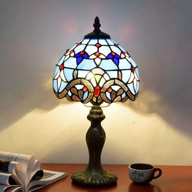 Domed Table Lamp In Baroque Style Stained Glass For Bedroom Lighting - Blue/Brown 1 Light 6/8 Width