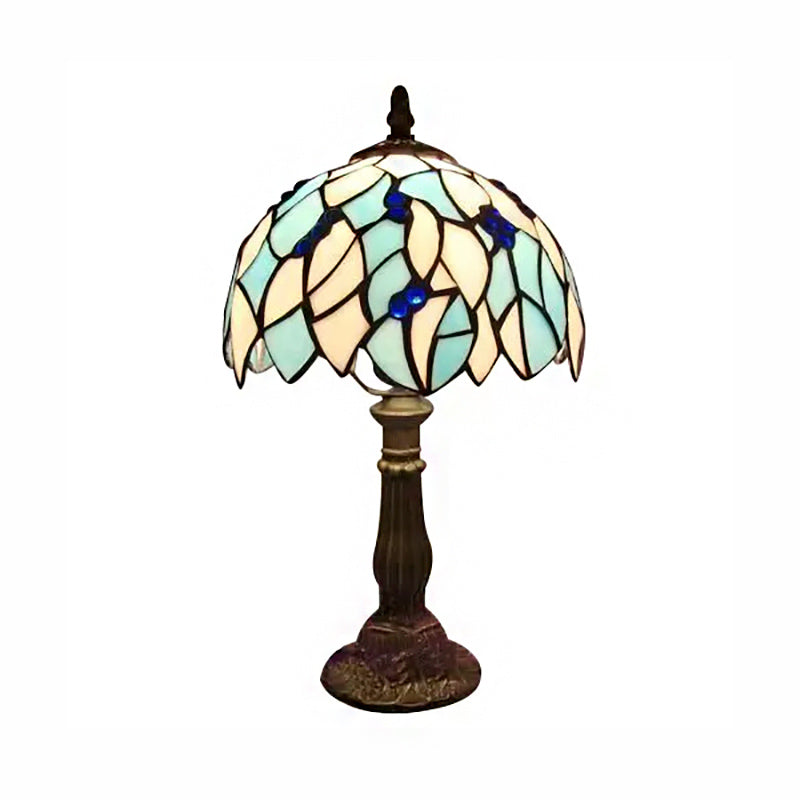 Blue Leaf Tiffany Stained Glass Table Light For Bedroom With Dome Shade - Standing Lamp 1 Bulb