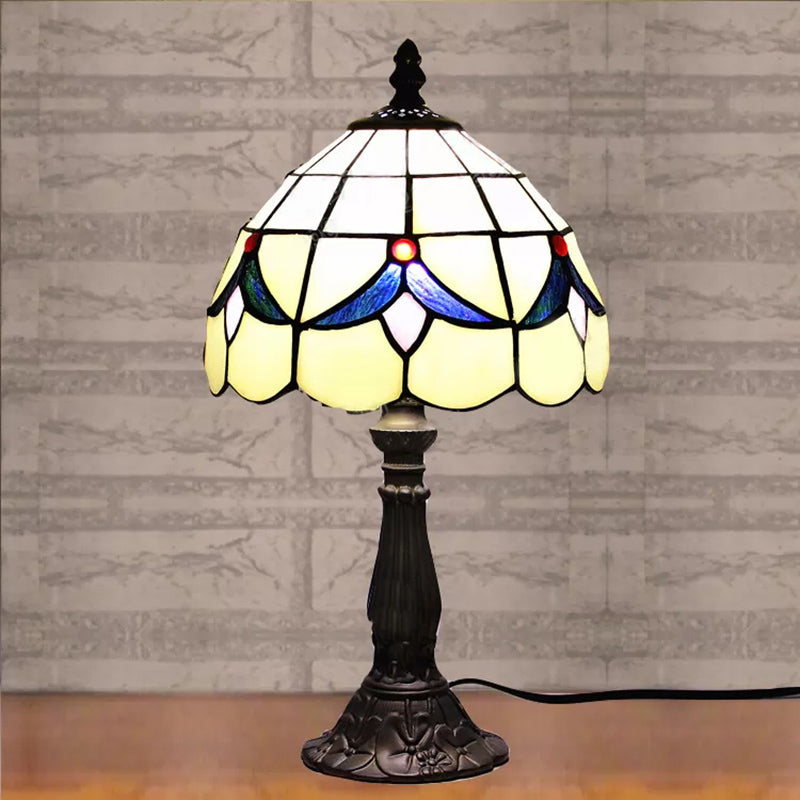 Stained Glass Rustic Floral Table Lamp With Dome Shade - Beige For Reading