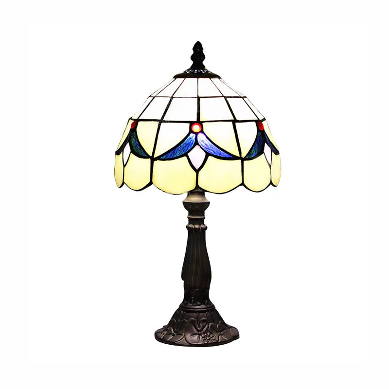 Stained Glass Rustic Floral Table Lamp With Dome Shade - Beige For Reading