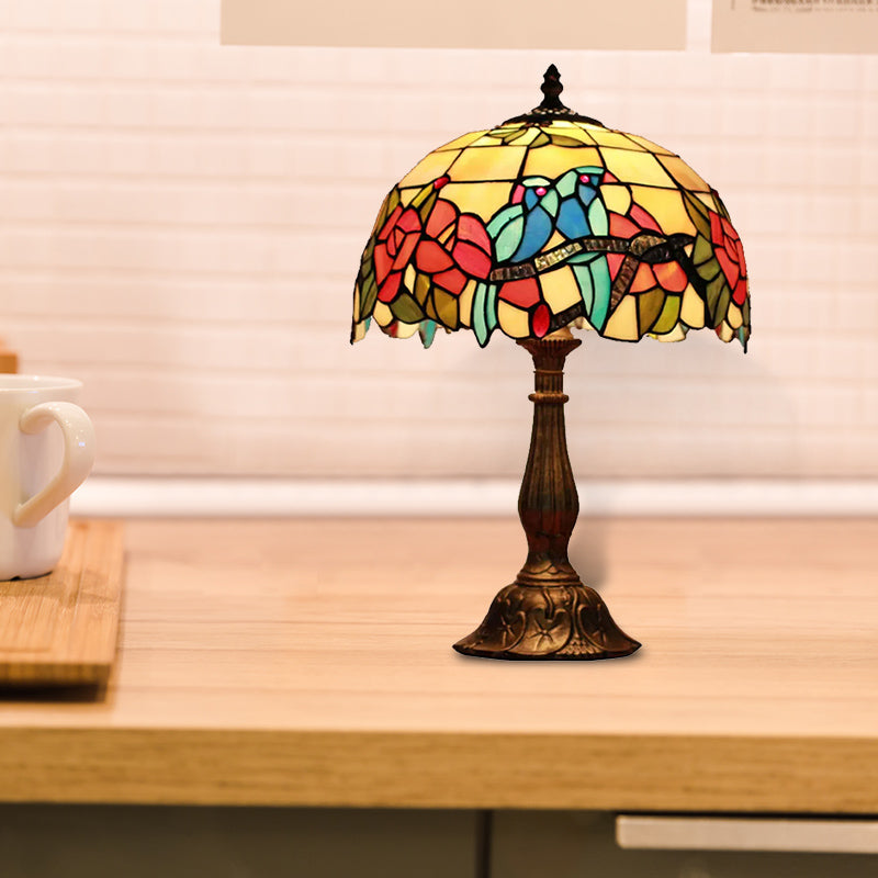Rustic Parrot Table Lamp: Rose-Stained Glass Lighting In Brass/Copper For Bedroom Copper