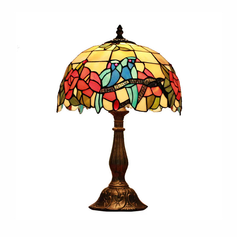 Rustic Parrot Table Lamp: Rose-Stained Glass Lighting In Brass/Copper For Bedroom