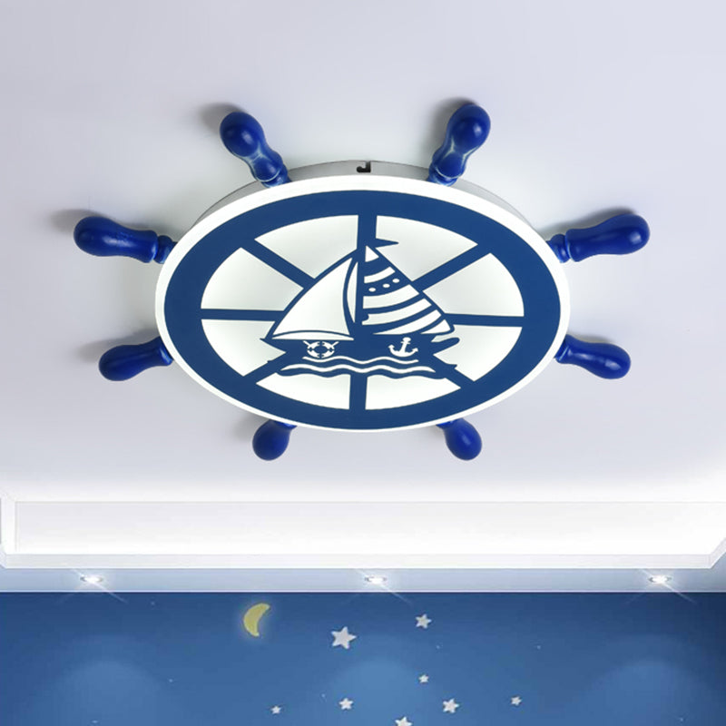 Blue Nautical Rudder Flushmount Led Ceiling Lamp For Boys Bedroom: Warm/White Light / White