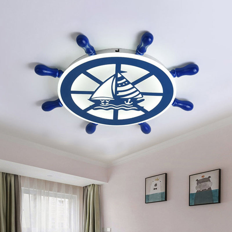 Blue Nautical Rudder Flushmount Led Ceiling Lamp For Boys Bedroom: Warm/White Light